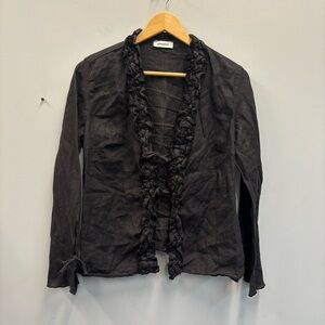 Emozioni Linen Cardigan Top Black Ruffled Tie front and wrists
